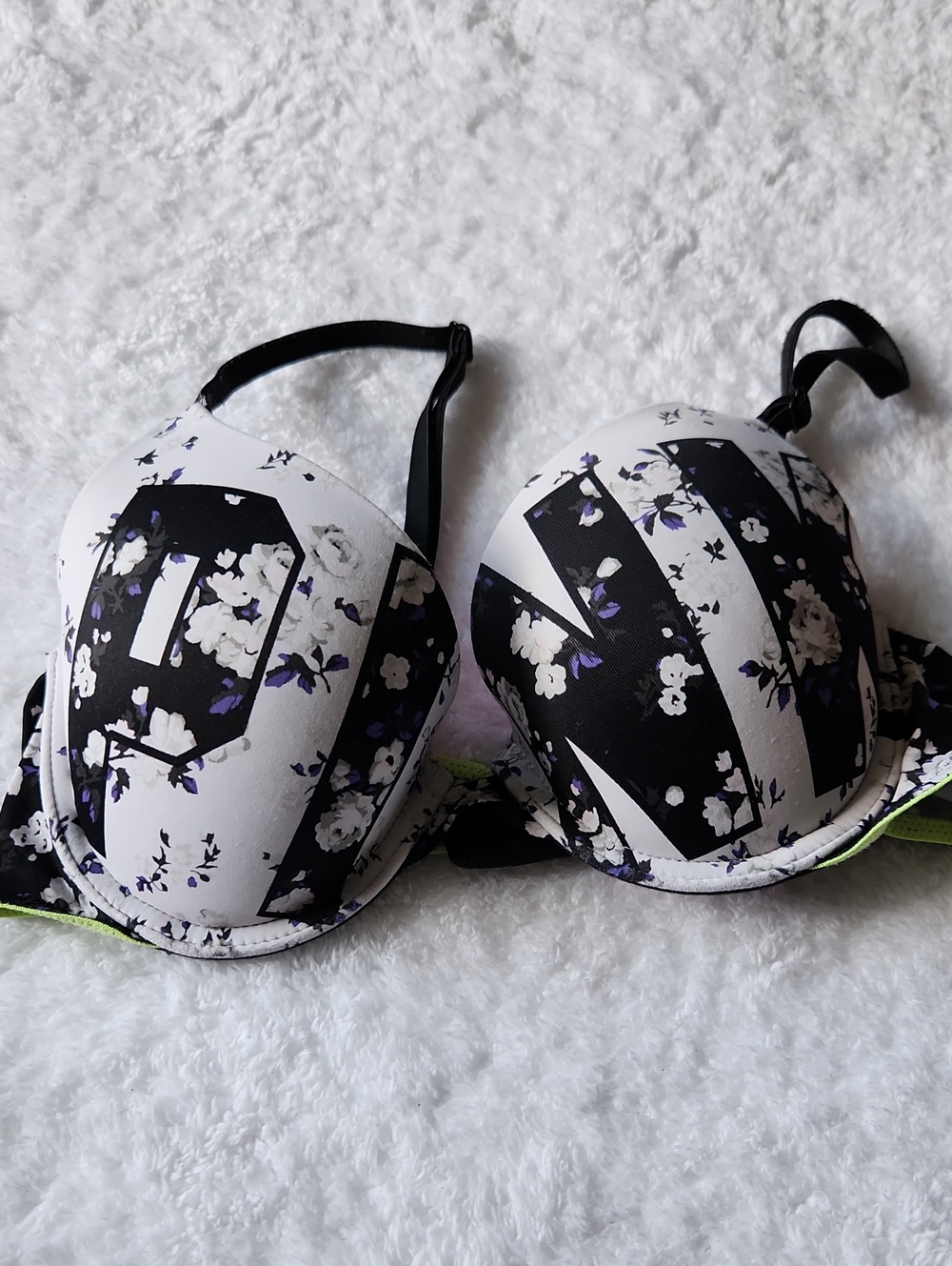 Pink Floral Accent Push-Up Bra in Black and White 34B